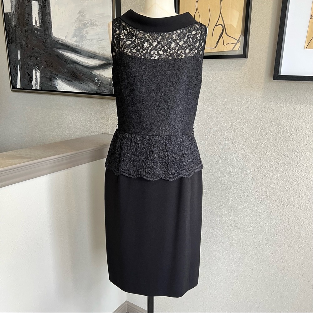 RICKIE FREEMAN FOR TERI JON black lace and crepe sleeveless sheath dress